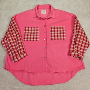 Fantastic Fawn Pink Plaid Sleeve Oversized‎ High-Low Shacket Size L Relaxed Boho